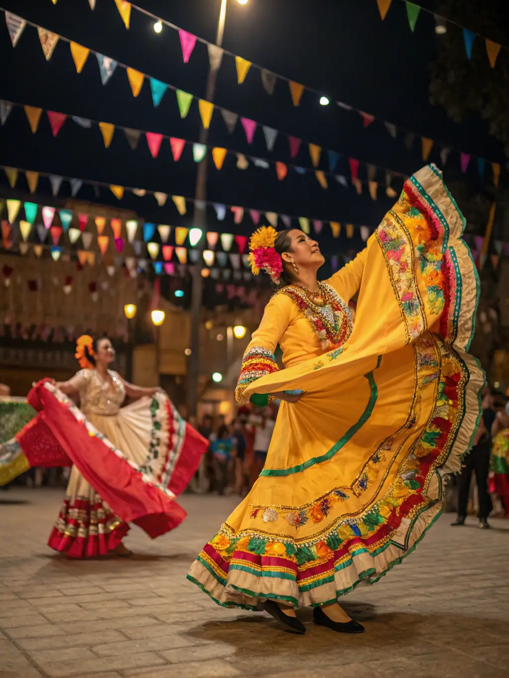 A dynamic shot of a live performance featuring traditional musicians from the AMMC ASSOCIA DES MENETRIERS DU MASSIF-CENTRAL, playing at a local festival.