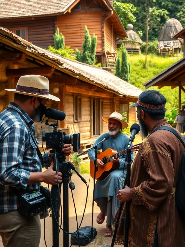 A vibrant photograph capturing a traditional music workshop in a rural village in the Massif Central, showcasing participants of all ages learning to play traditional instruments.