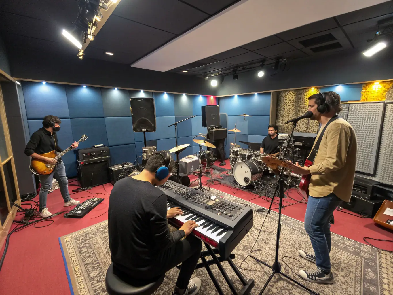 A group of musicians playing traditional instruments in a workshop setting, showcasing the cultural preservation efforts of AMMC ASSOCIA DES MENETRIERS DU MASSIF-CENTRAL.