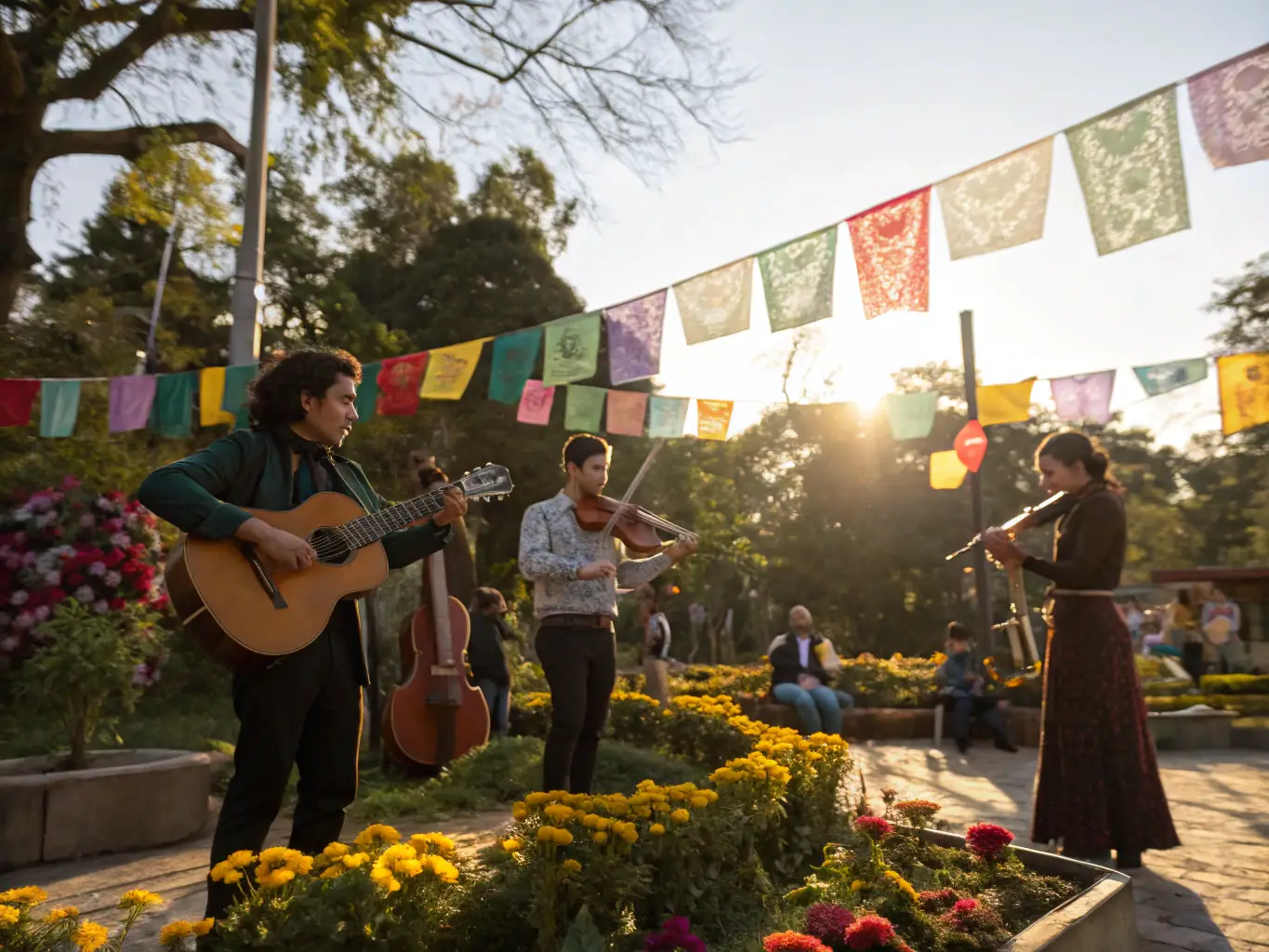 A vibrant scene from a community music festival organized by AMMC ASSOCIA DES MENETRIERS DU MASSIF-CENTRAL, featuring traditional music and dance performances.