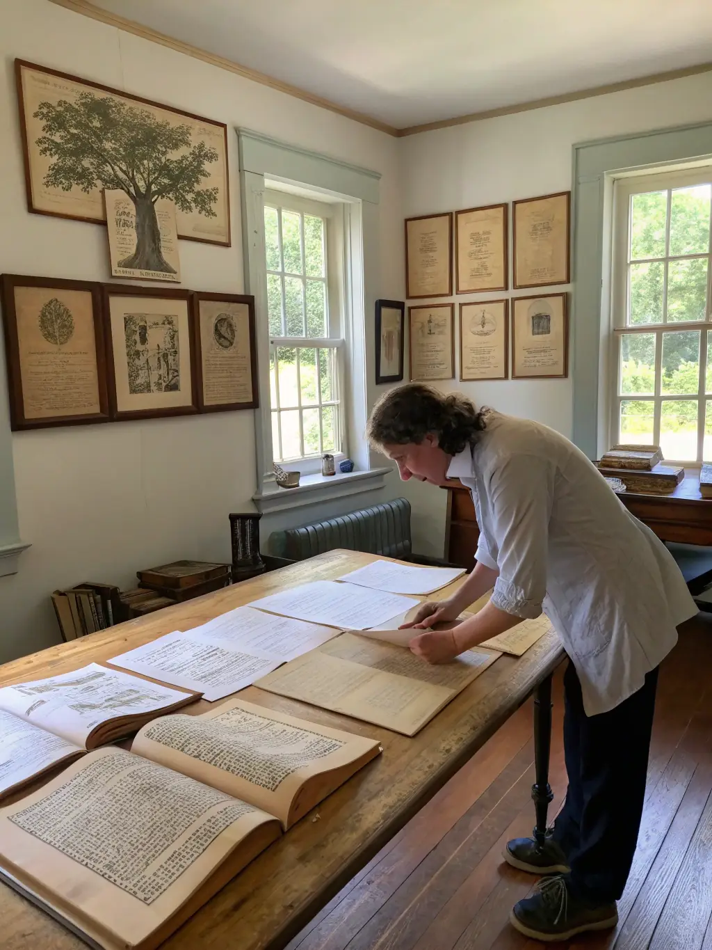 A photograph of researchers examining historical musical scores and documents in the AMMC ASSOCIA DES MENETRIERS DU MASSIF-CENTRAL archive, showcasing the organization's commitment to research and preservation.