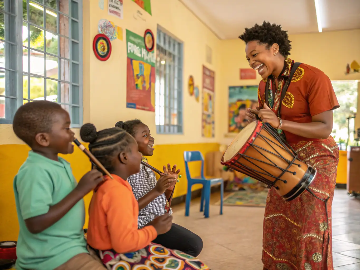 A vibrant image depicting a traditional music workshop in the Massif Central, with participants of all ages learning to play traditional instruments.