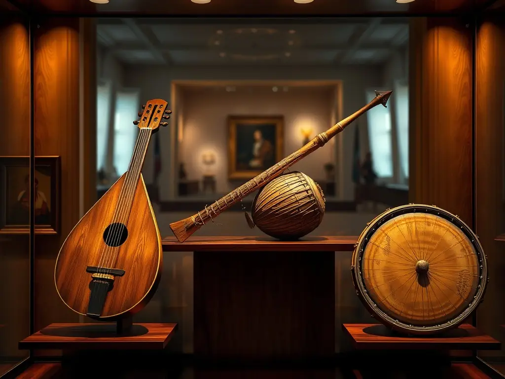 A focused image of researchers studying and documenting traditional musical scores and instruments in the Massif Central.