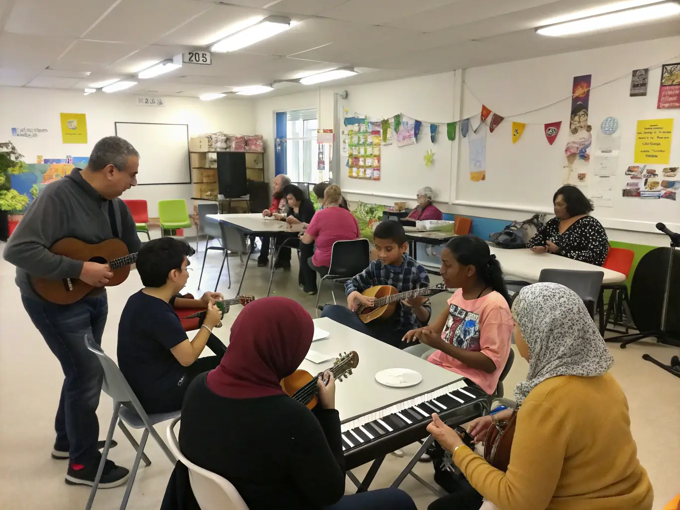 A photograph capturing a traditional music workshop in the Massif Central, where participants are learning to play regional instruments under the guidance of experienced musicians.