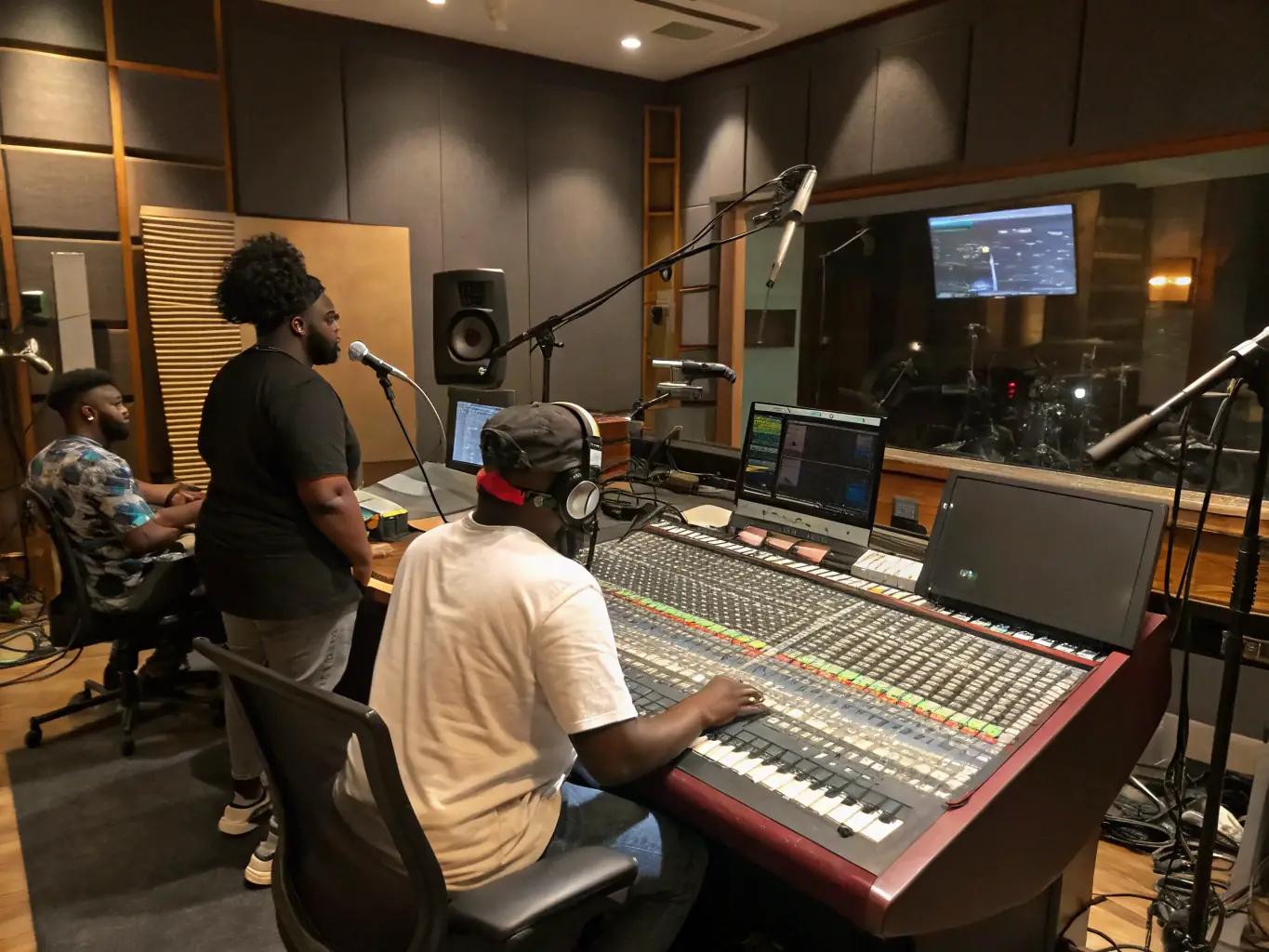 A recording session in a professional studio, capturing the sounds of traditional instruments and music for preservation by AMMC ASSOCIA DES MENETRIERS DU MASSIF-CENTRAL.