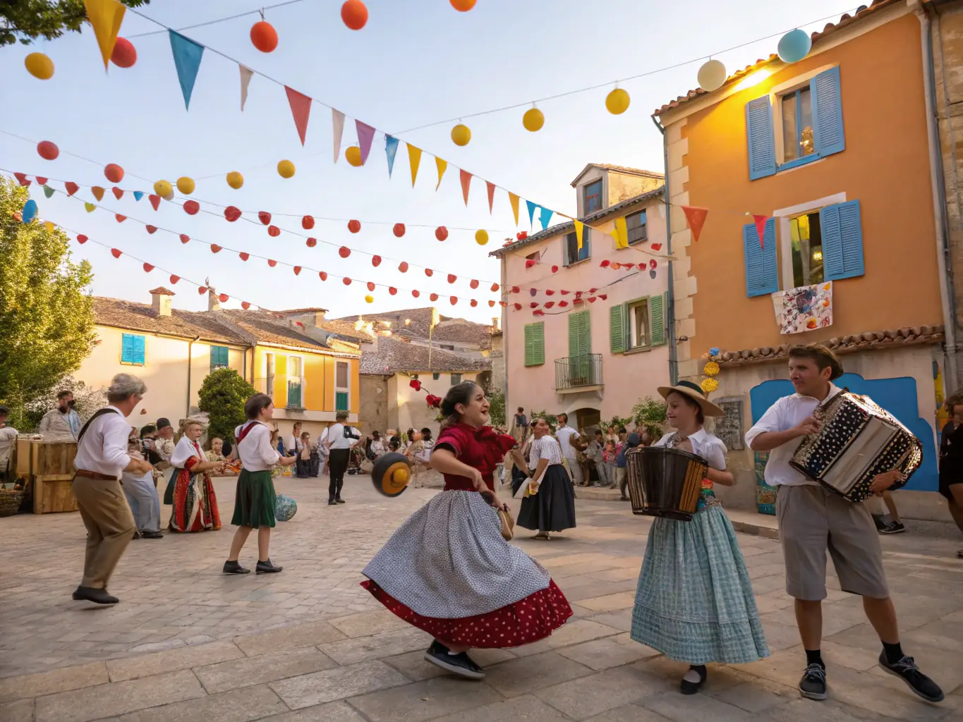 A captivating image showcasing a community performance of traditional music in a town square in the Massif Central.